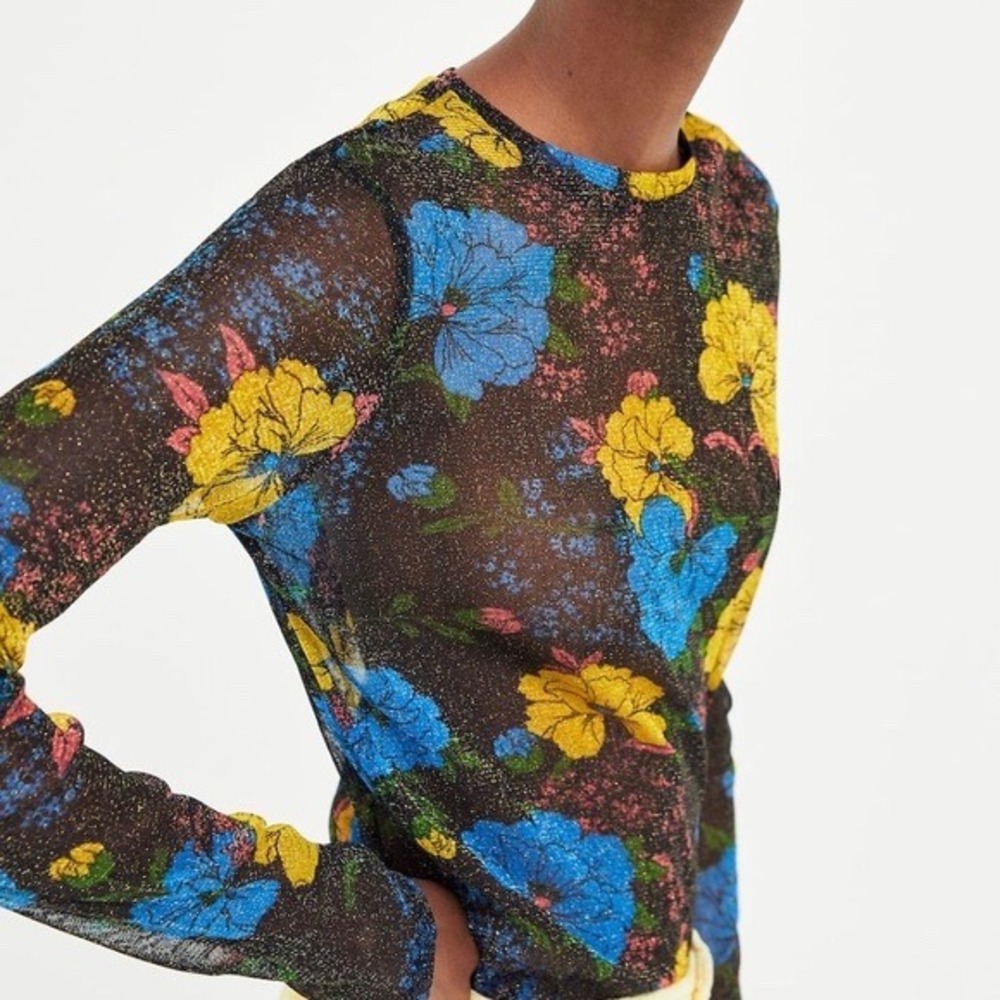 (B6) Zara Floral Mesh Metallic Shimmer Long Sleeve Top Black Blue Yellow S NWT